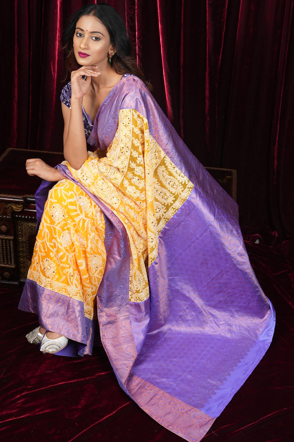 Yellow Fusion Saree with Hand Chikankari, Sequin work with pure Silk Kanjivaram Borders and Pallu