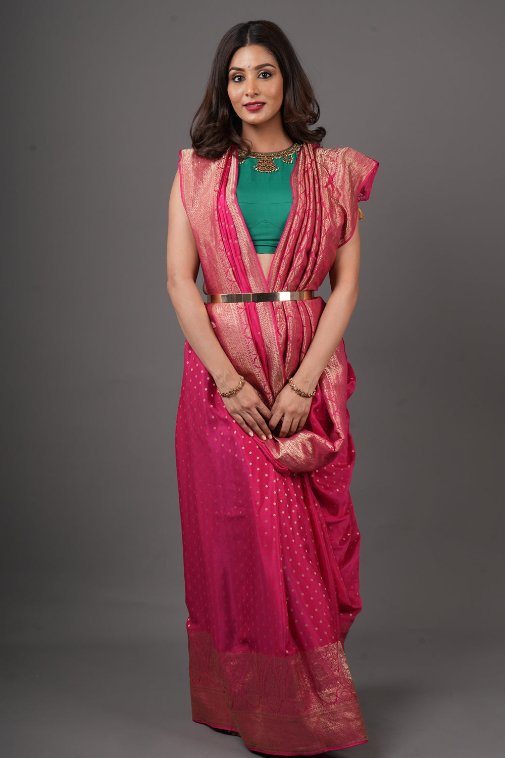 Raspberry Pure Mysore Crepe Silk Saree with Paisley Skirt Border | SILK MARK CERTIFIED