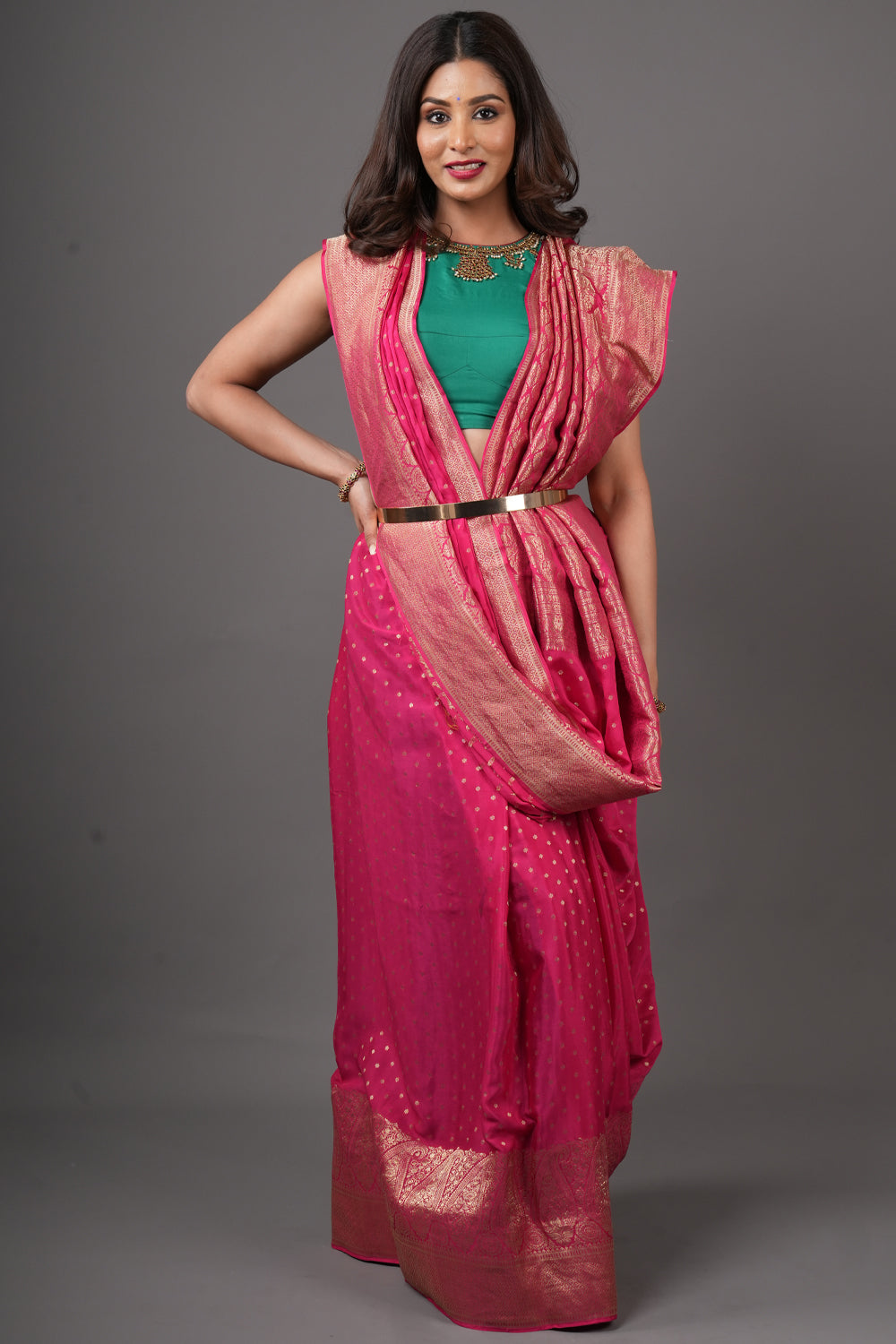 Raspberry Pure Mysore Crepe Silk Saree with Paisley Skirt Border | SILK MARK CERTIFIED