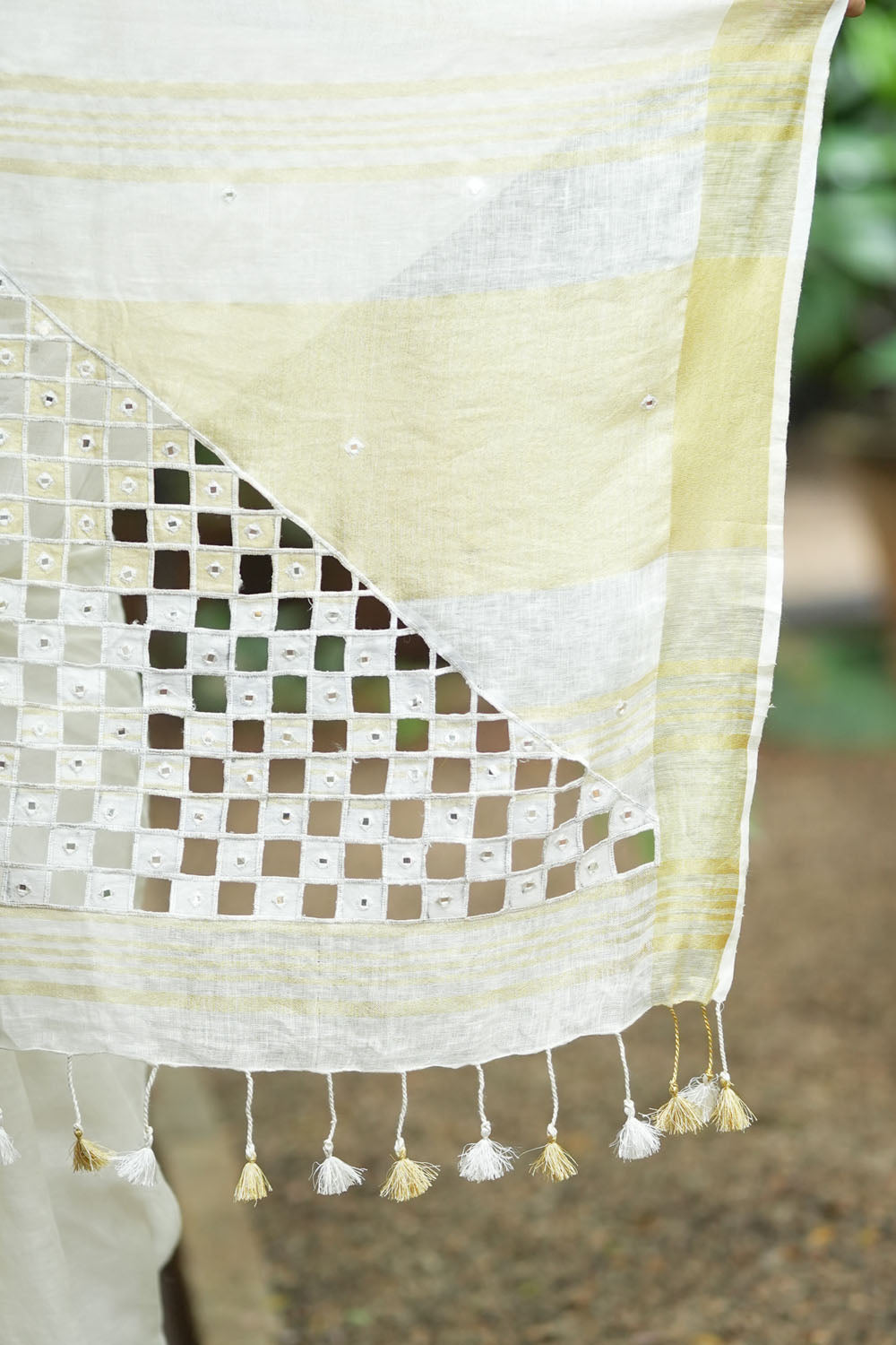 Cutwork and Mirror Work Linen  Saree in Chalk White