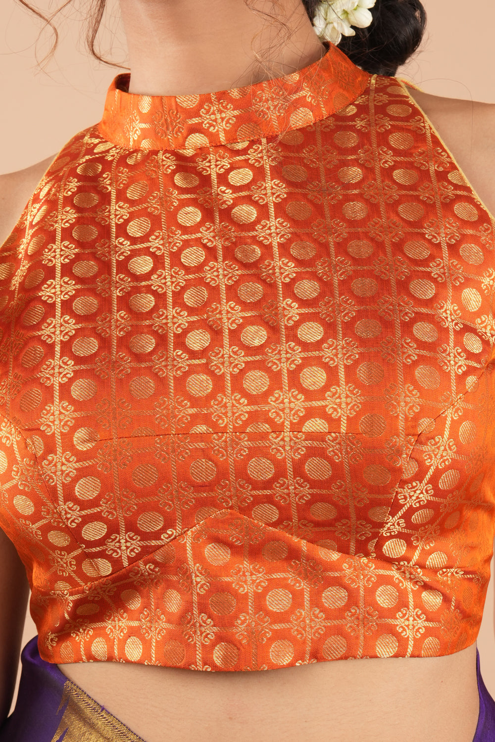 Sunset Orange Pure kanjivaram silk zari brocade halter neck blouse