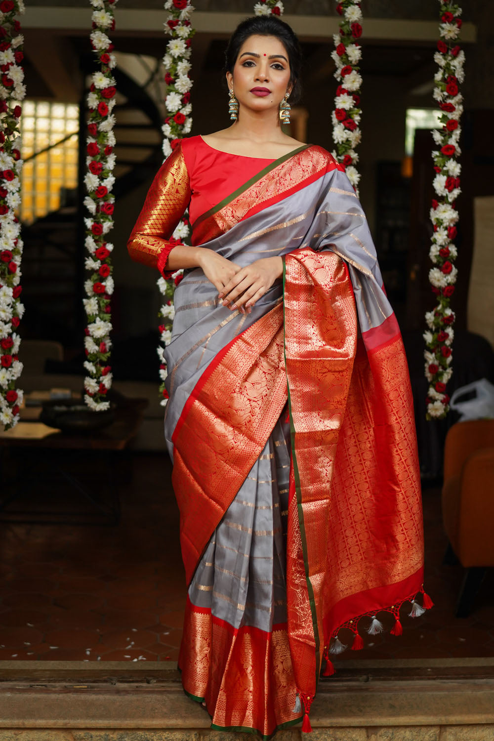 Gray Korvai Kanjivaram Pure Silk Saree with zari Stripes & wide Zari Border | SILK MARK CERTIFIED