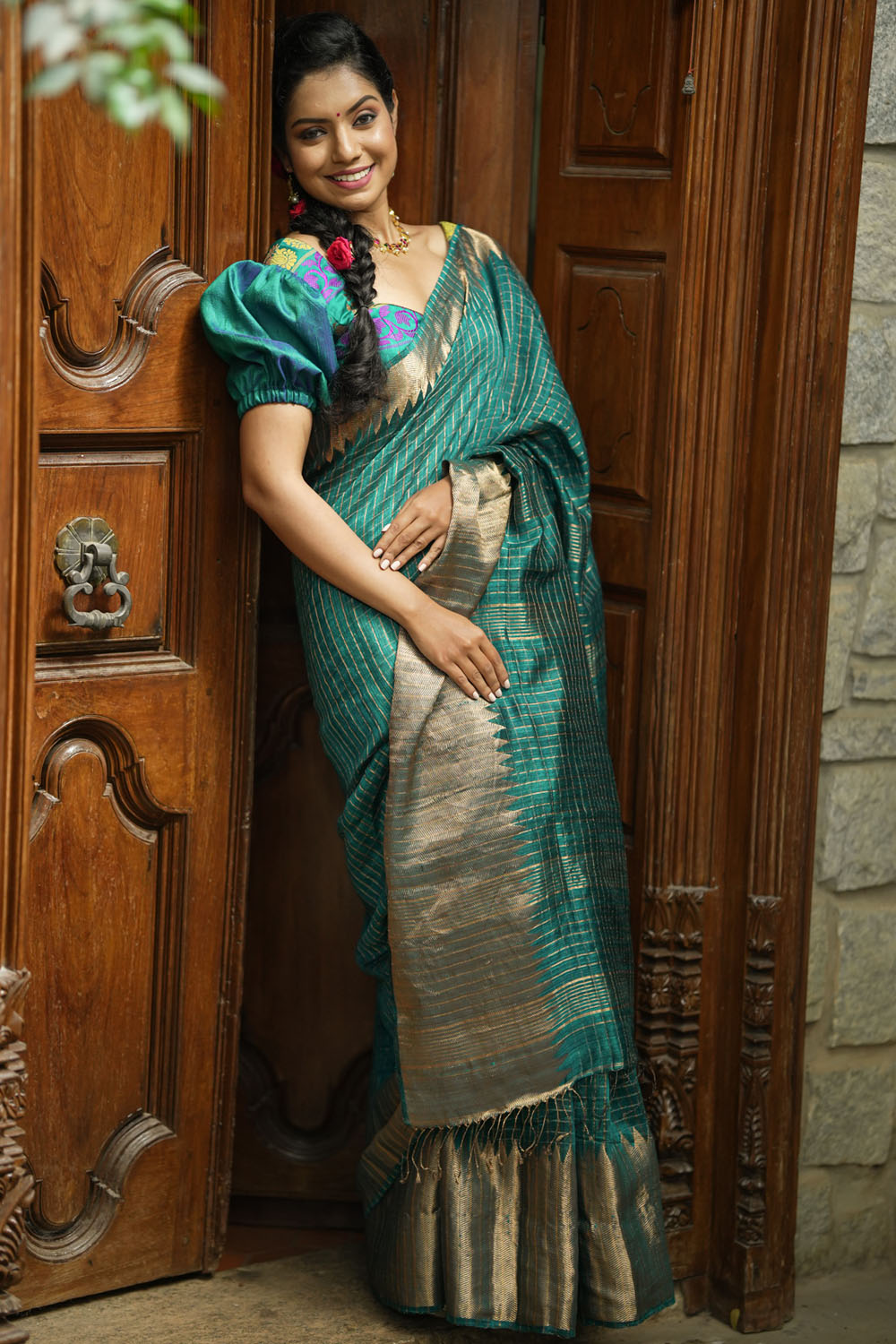 Rama green matka silk with zari checks and wide zari temple border Saree