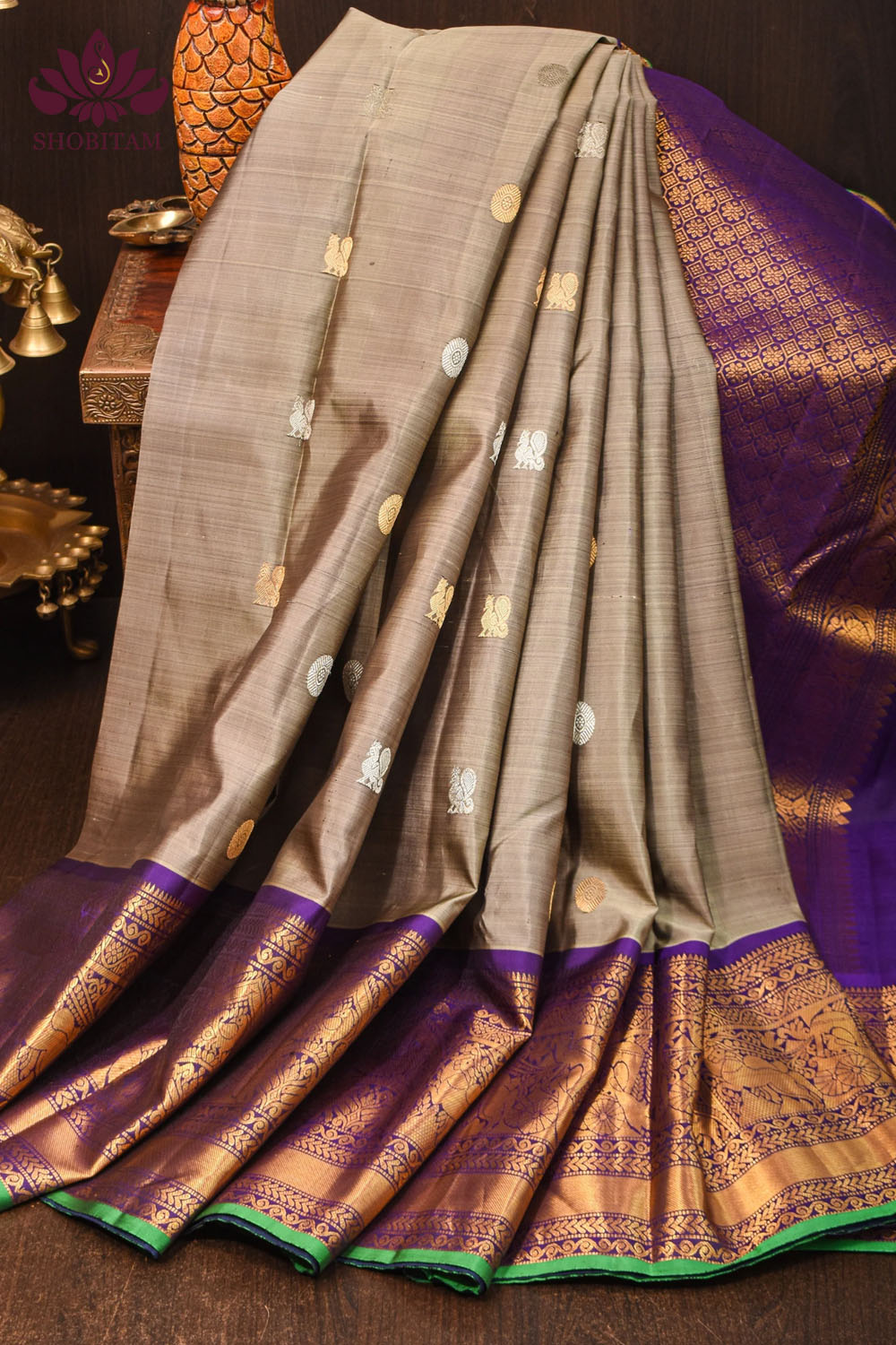 Preorder: Exquisite Handwoven Gadwal Pure Silk Saree in Gray and Purple with 11" wide zari Border | SILK MARK CERTIFIED