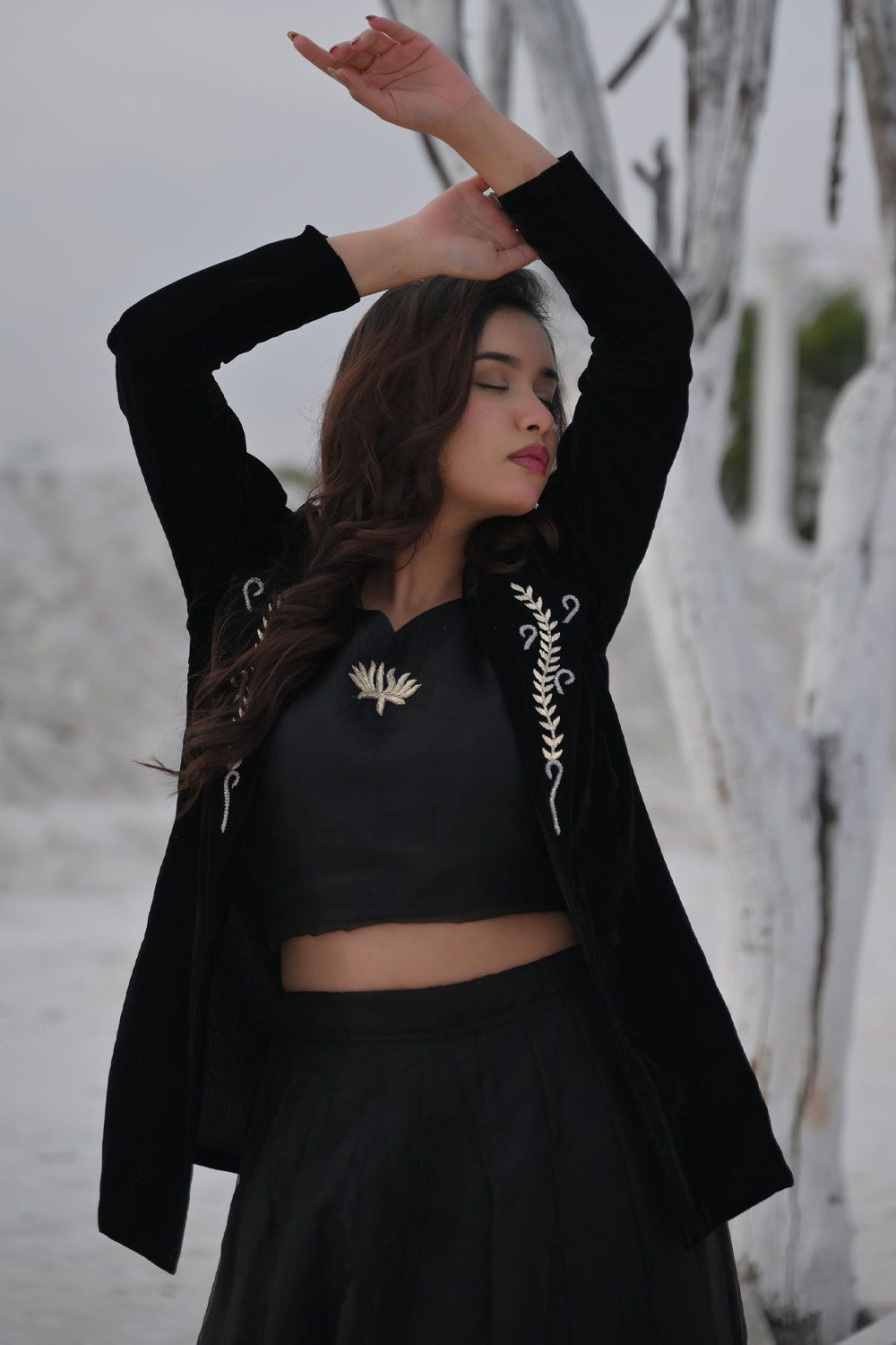 Saira Black Velvet Blazer with Handcrafted Embellishments, Made to Order