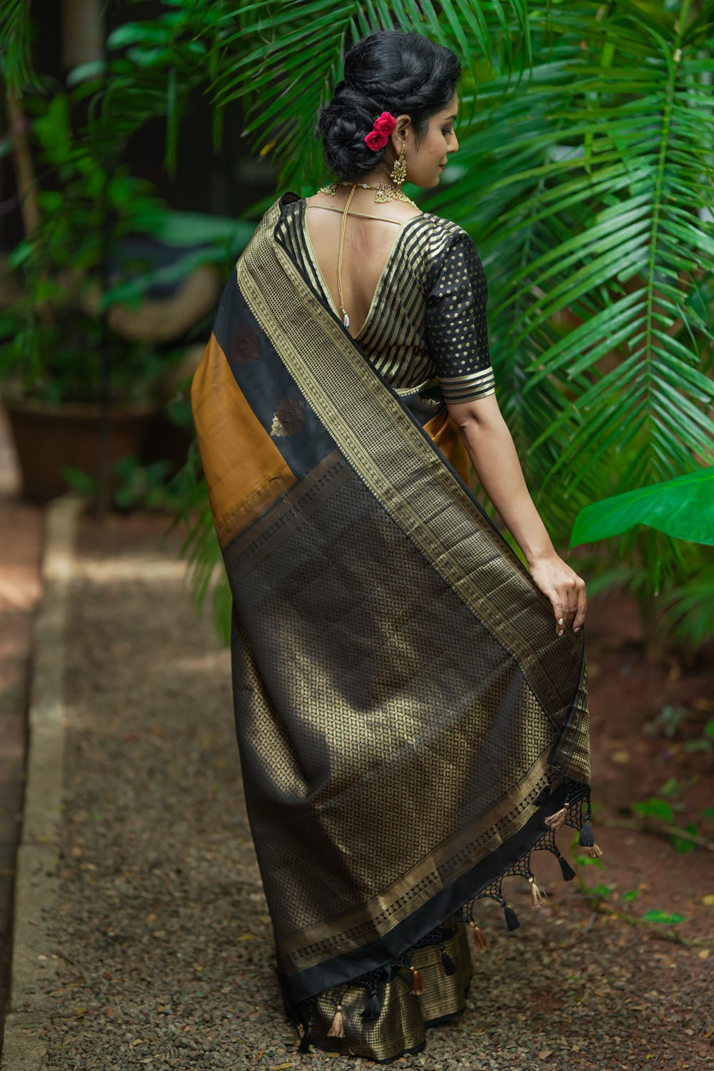 Exquisite Honey Mustard Kanjivaram Silk Saree with 2 Side 9" Stacked Borders SILK MARK CERTIFIED