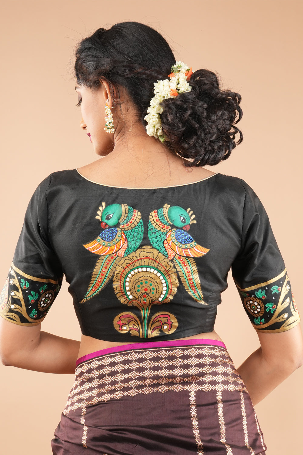 Tanjore parrots - Pure silk blouse with tanjore style handpainting