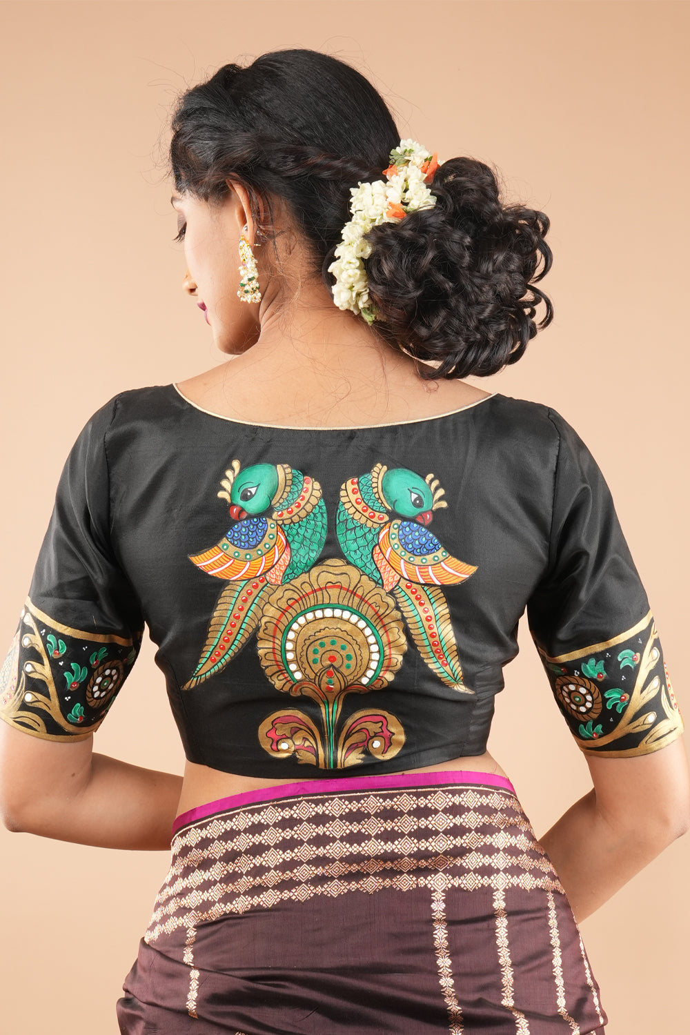 Tanjore Parrots - pure Silk blouse with Tanjore Style Hand painting, Color Customizable.