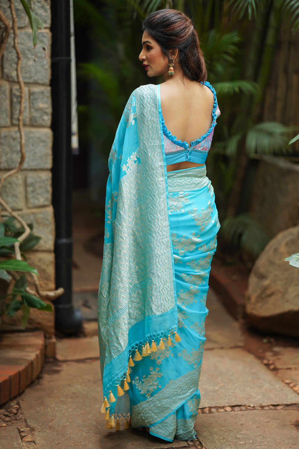 Turquoise Pure Silk Georgette Saree with Rose Jaal | SILK MARK CERTIFIED