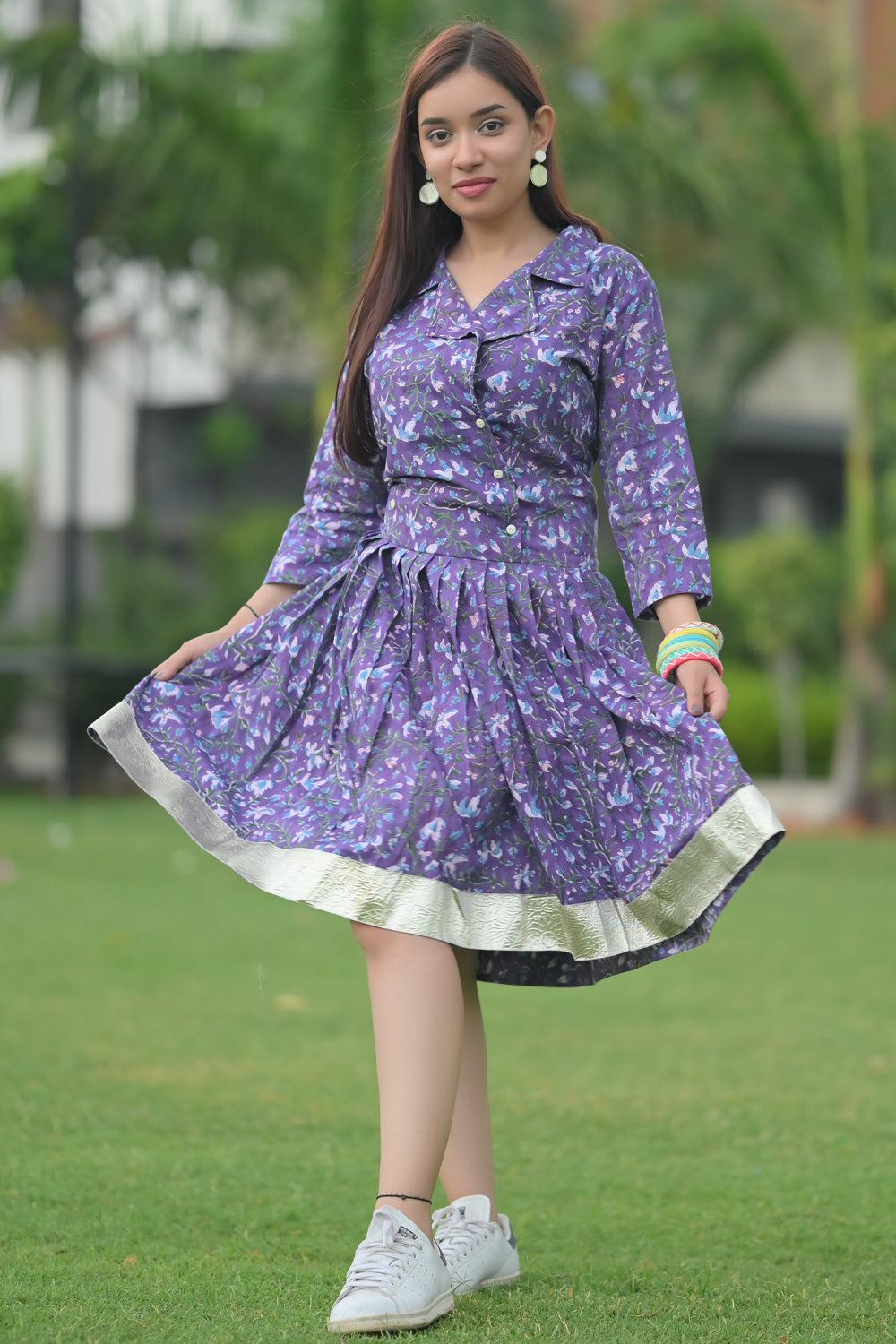 Jamun Brunch dress with Collar and Lace detailing, in Hand Block Printed Cotton | Made to Order