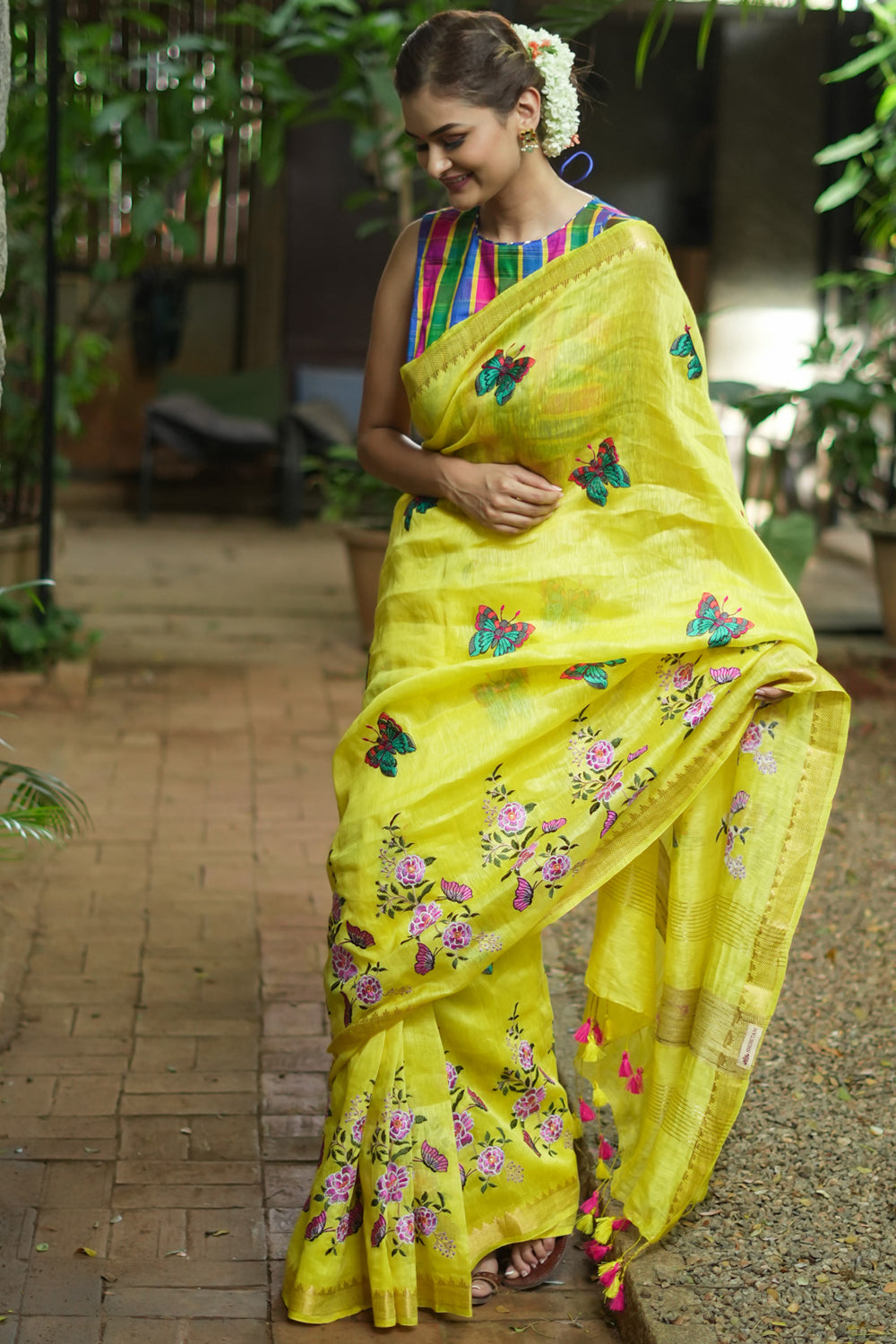 Floral Embroidered Silk Linen Saree in Sunshine Yellow