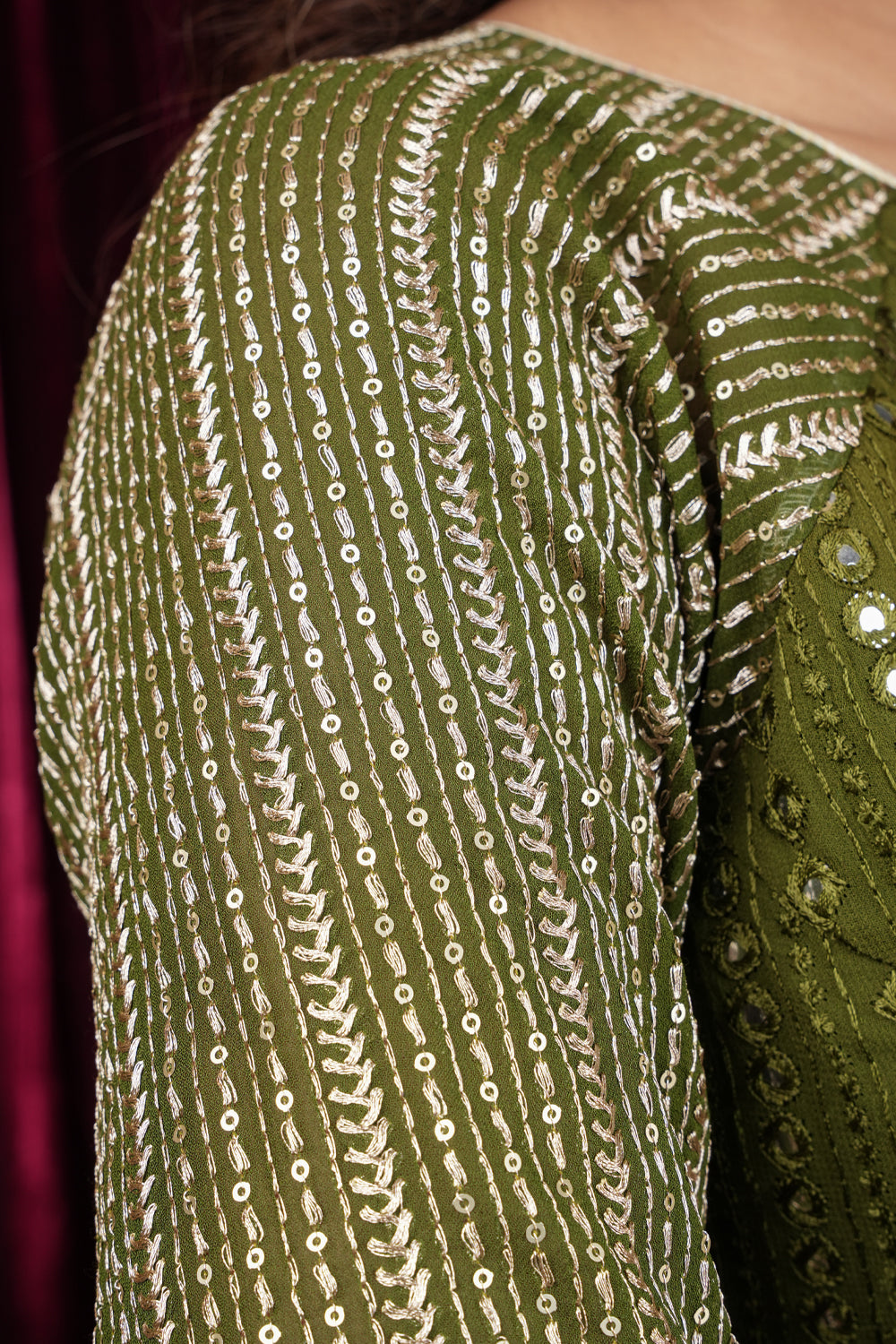 Henna Green chinon raglan three quarter sleeve foil mirror work blouse, Made to Order