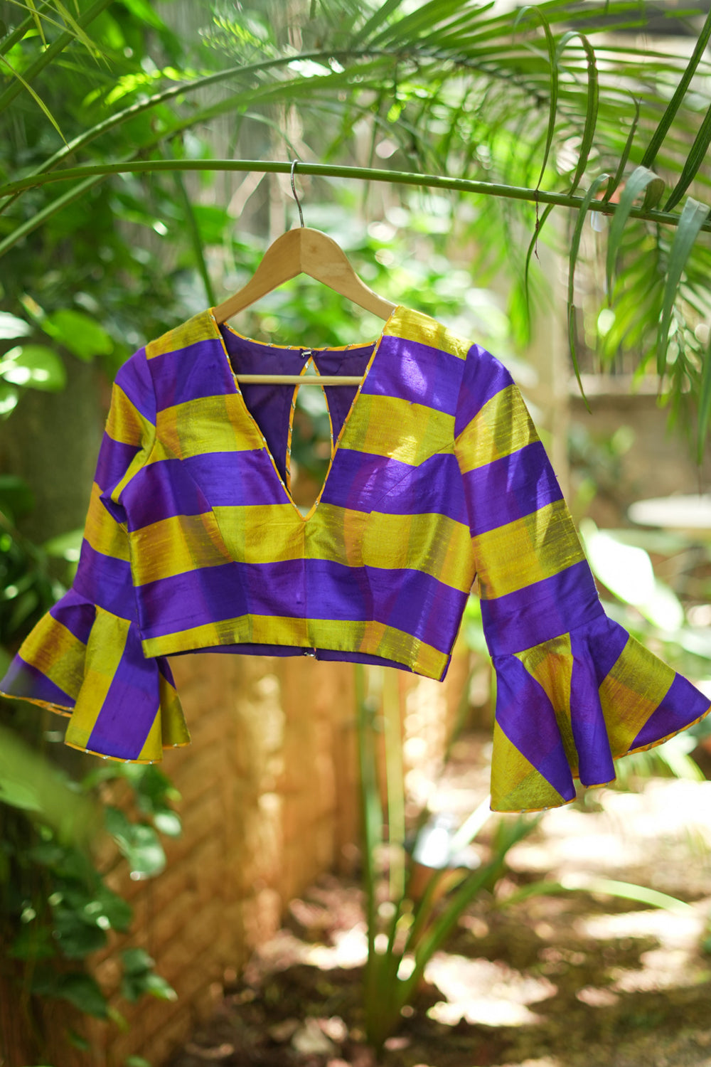 Yellow purple bold stripes design pure raw silk V neck blouse with bell sleeves