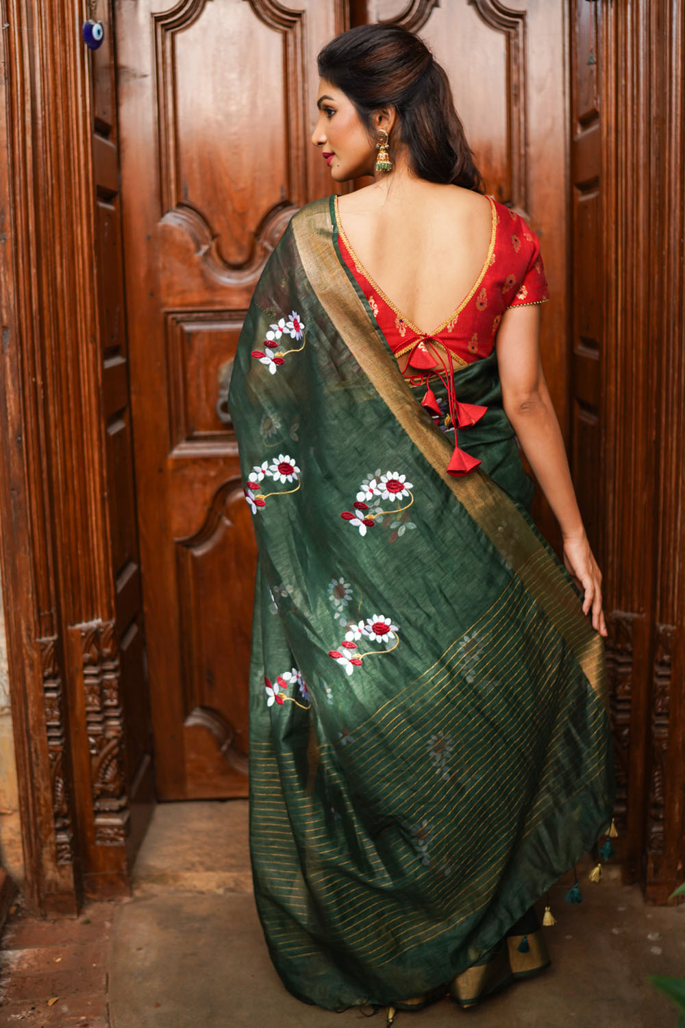 Bottle Green Silk Linen Moti Nath Embroidery and Woven zari Borders and Long Tassels