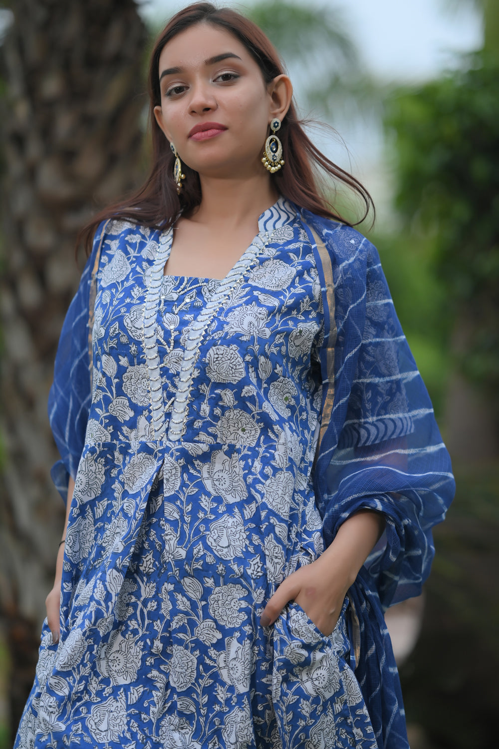 Leheriya Blue Peony Suit with Kota Doria Dupatta 3 Piece Set| Made To Order