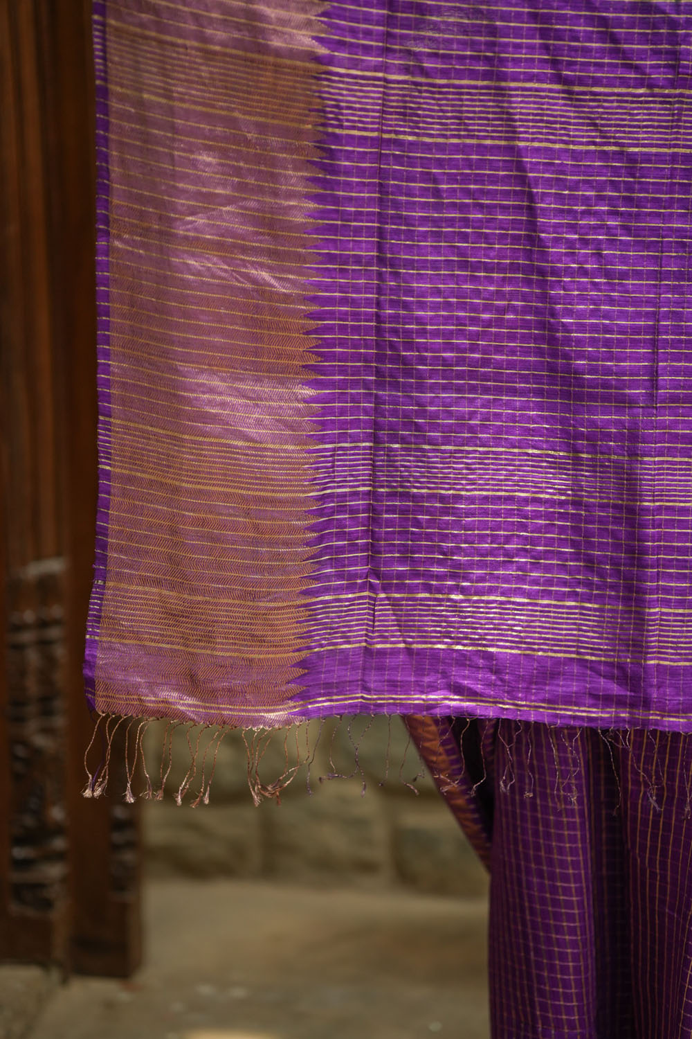 Matka Silk Saree in Purple with Zari Checks and Wide Zari Temple Border | SILK MARK CERTIFIED