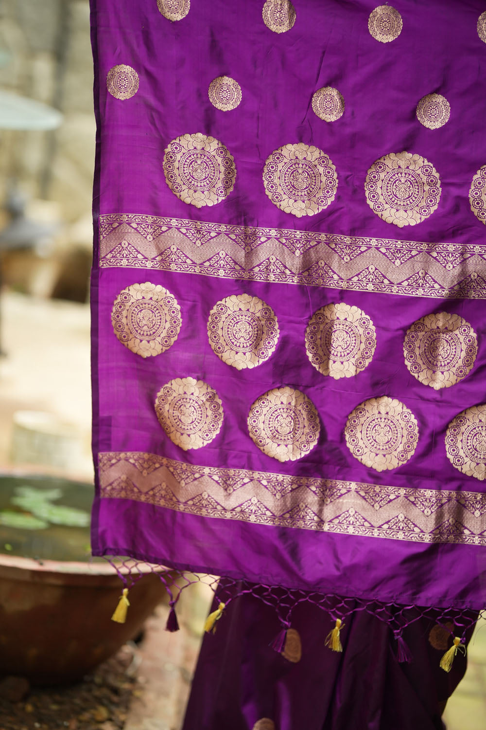Borderless Banarasi Pure Katan Silk Saree in Purple with mandala motifs | SILK MARK CERTIFIED