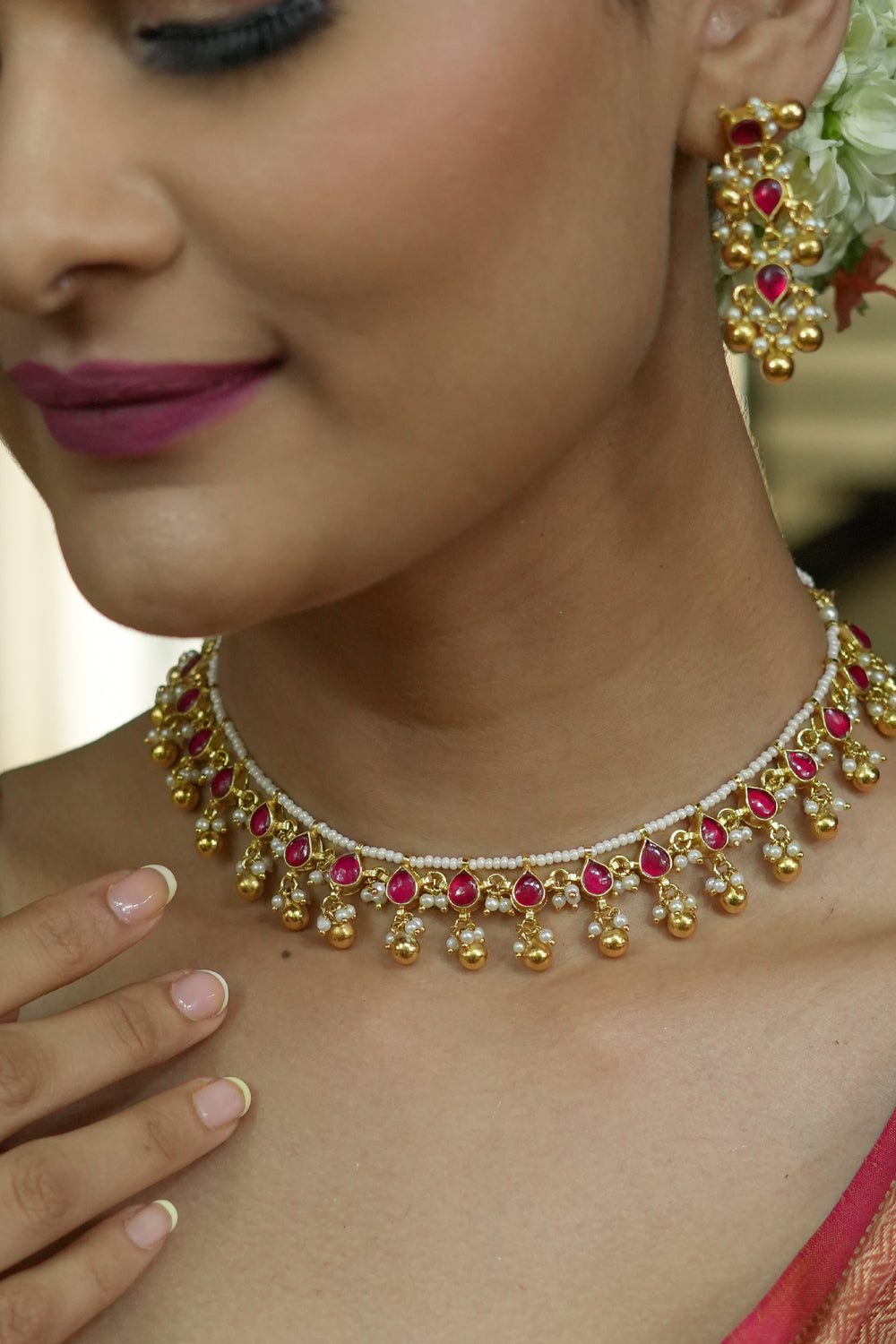 Lightweight Jadau handmade Necklace Set with Dangling Red translucent stones and Matching Earrings