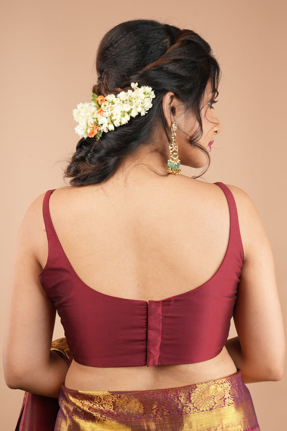 Maroon Thin Strap Sleeveless Silk Blouse with Scoop Neck Front, Colors Customizable