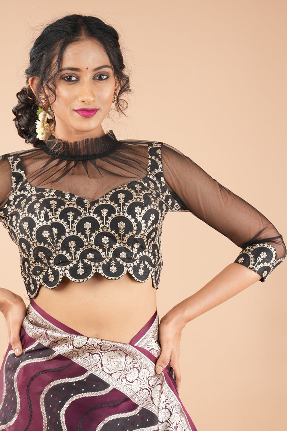 Black embroidered blouse with net gathered yoke and scalloped front base