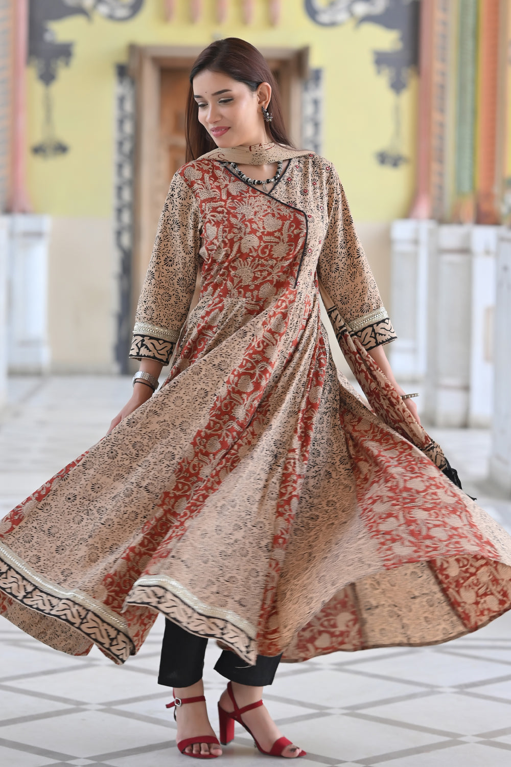Angrakha Kalidaar Anarkali in earthly shades with chiffon dupatta - 3 piece set | Made to Order