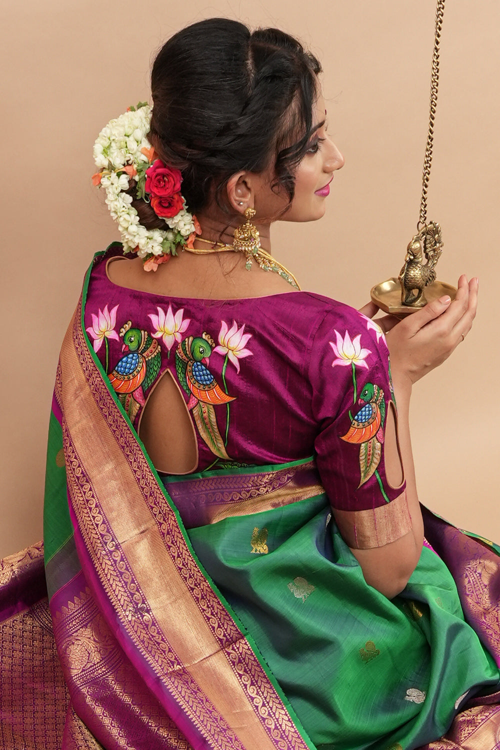Tanjore Parrots - Pure Raw silk blouse with Handpainting and cutout design, Made to Order