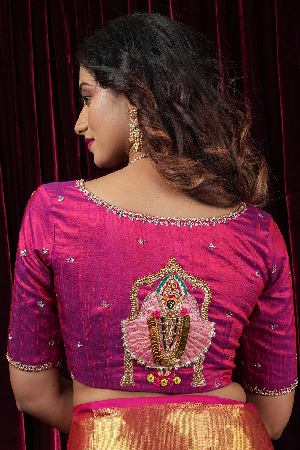 Kolhapuri Mahalakshmi Handwork Blouse on Fuchsia Dual Tone Pure Raw Silk | Made to Order