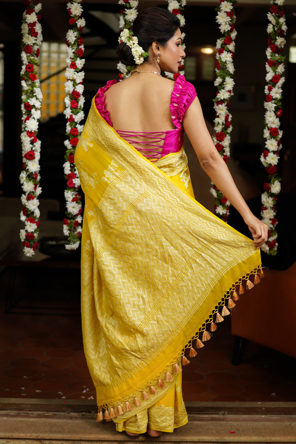 Yellow pure silk georgette with rose jaal / SILK MARK CERTIFIED