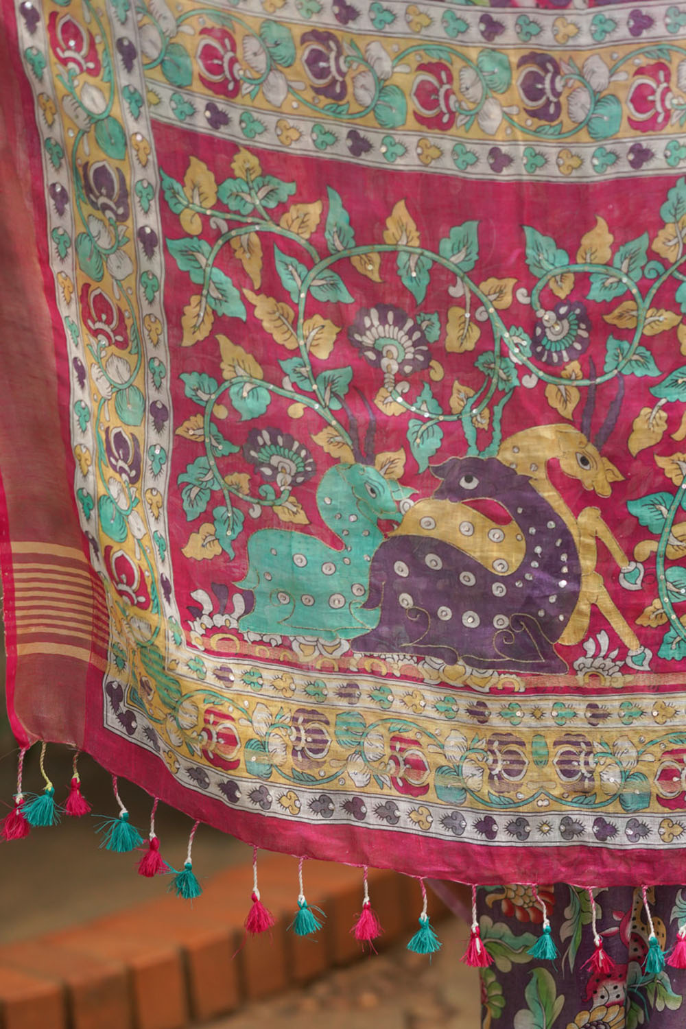 Dusty Linen By Linen Saree with Distressed Look Kalamkari Digital Print and Hand Sequin work