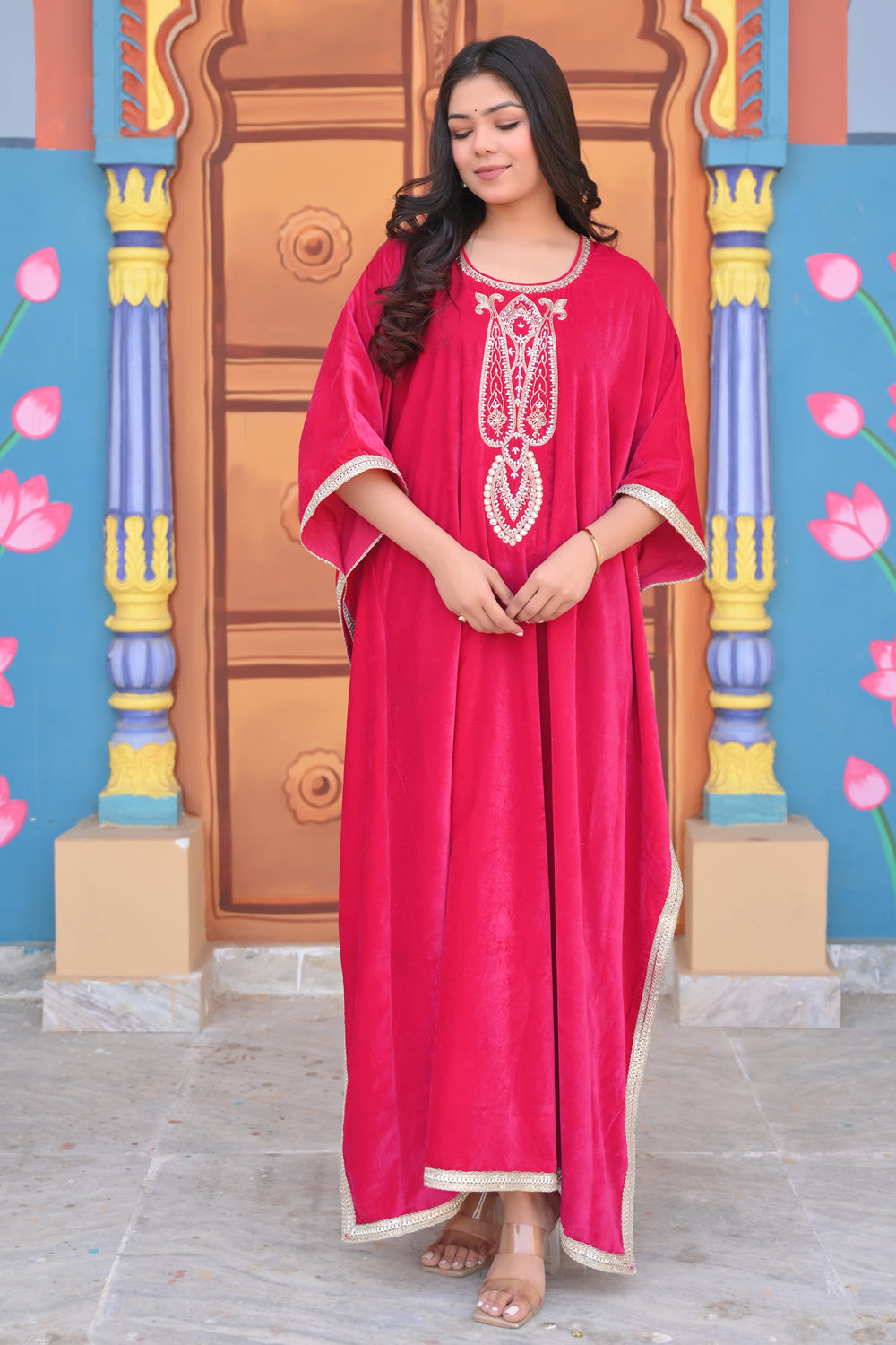 Mumtaz Velvet Kaftan in Rani Pink with Handwork on Yoke | Made To Order