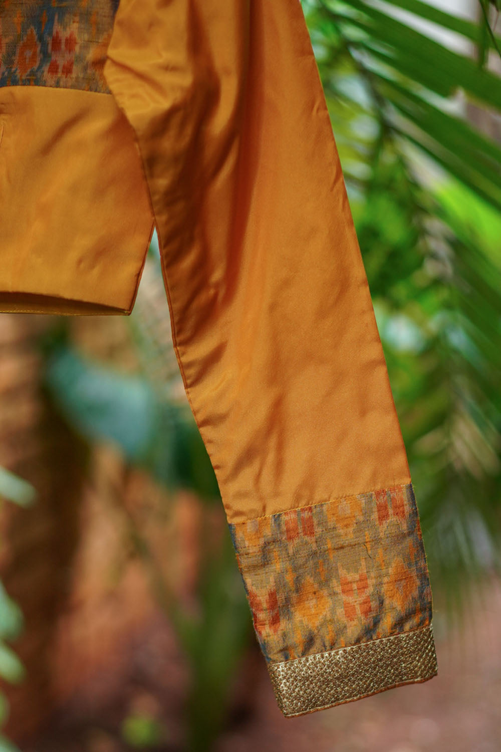 Mustard silk boatneck blouse with pure rawsilk ikkat yoke, made to order