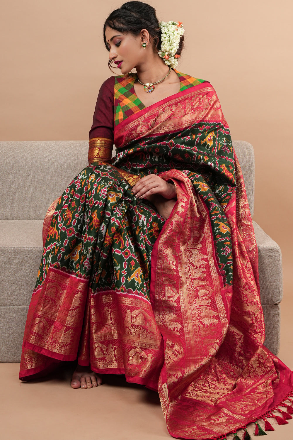 Exquisite Ikkat Kanjivaram Fusion Silk Saree in Deep Green with Grand Pallu and Wide Zari Border | SILK MARK CERTIFIED