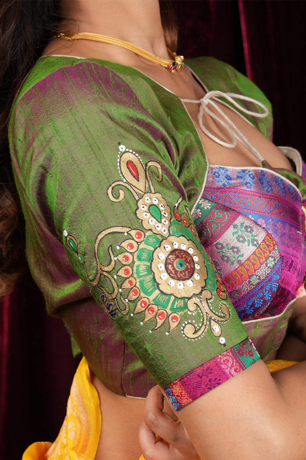 Nizam Jewelry Handpainted Blouse in Green pink Pure Raw silk with multicolor brocade bustier detailing