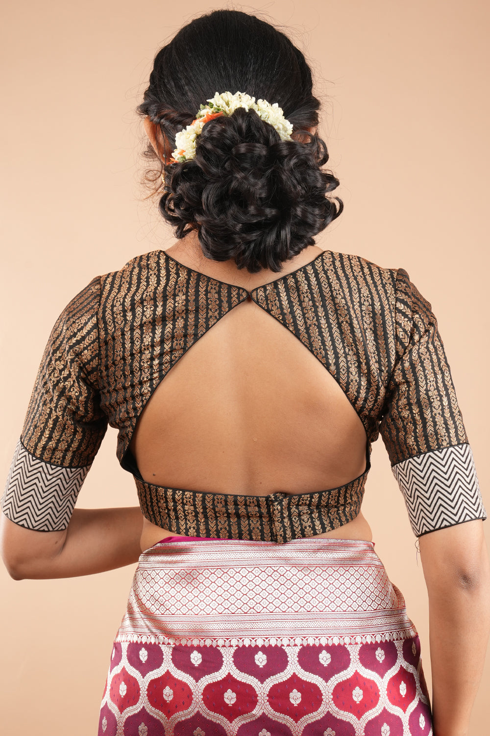 Black banarasi antique zari blouse with handblock print cotton detailing