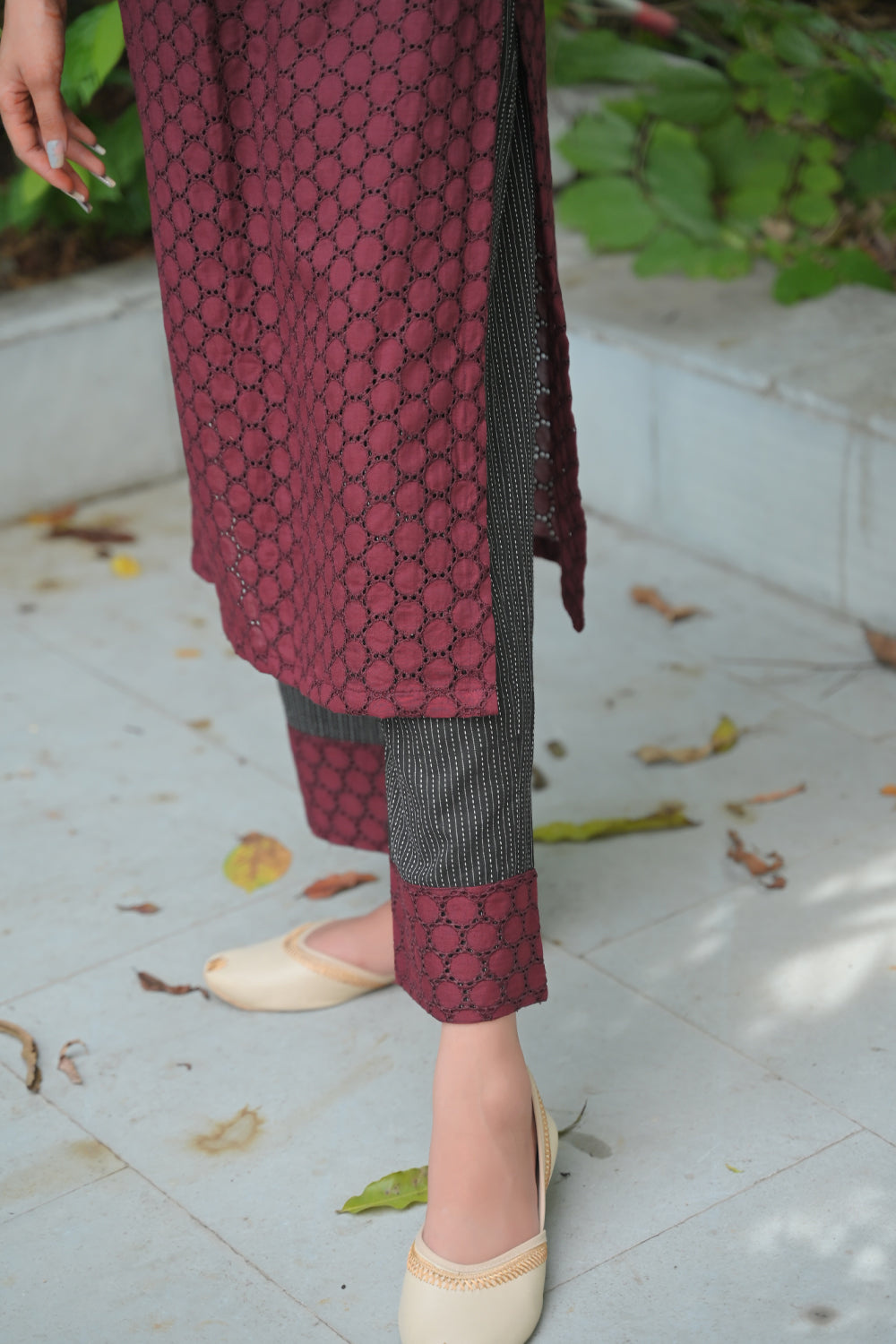 Aadhya : Maroon Hakoba and Black Cotton Kurti and Ankle Length Pant - 2  piece Indo Western Set | Made To Order