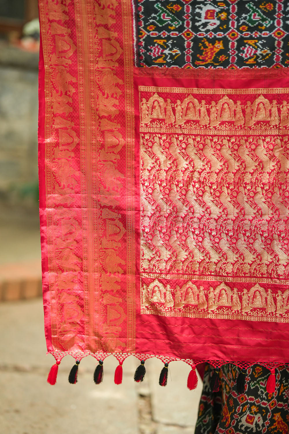 Ikkat Kanjivaram Fusion Silk Saree in Black & Red with Wide Zari Border | SILK MARK CERTIFIED