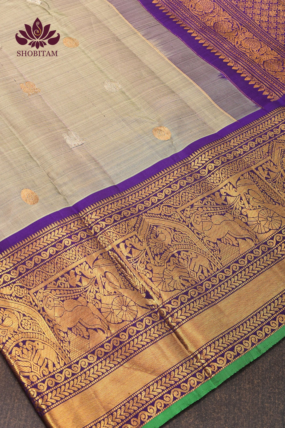 Preorder: Exquisite Handwoven Gadwal Pure Silk Saree in Gray and Purple with 11" wide zari Border | SILK MARK CERTIFIED