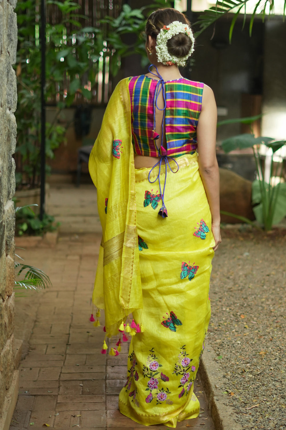 Floral Embroidered Silk Linen Saree in Sunshine Yellow