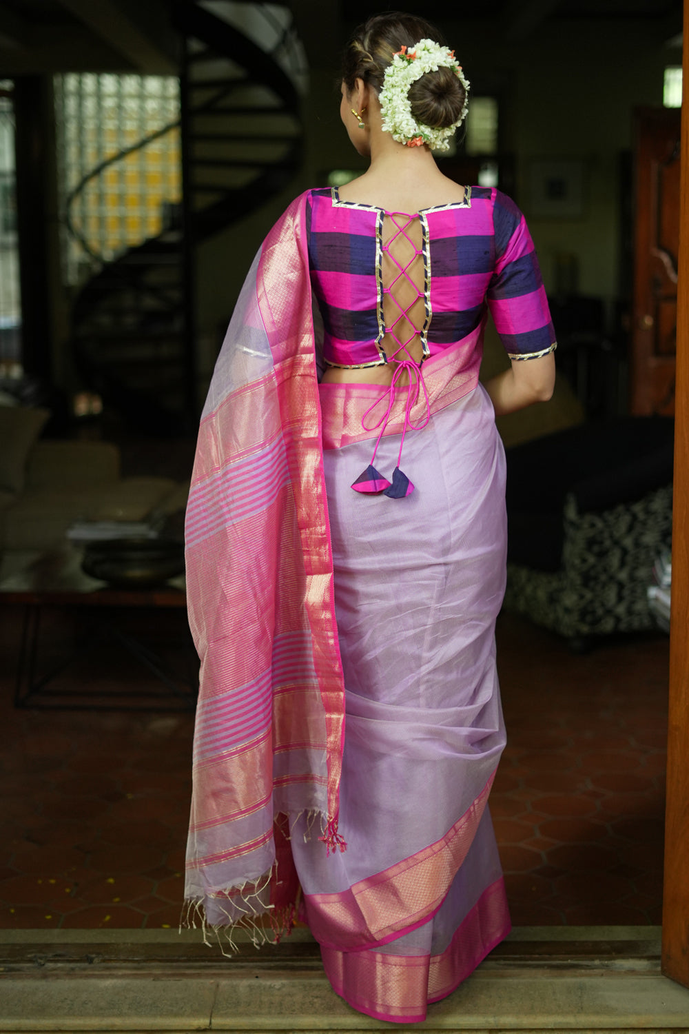 Lilac maheshwari silk cotton saree