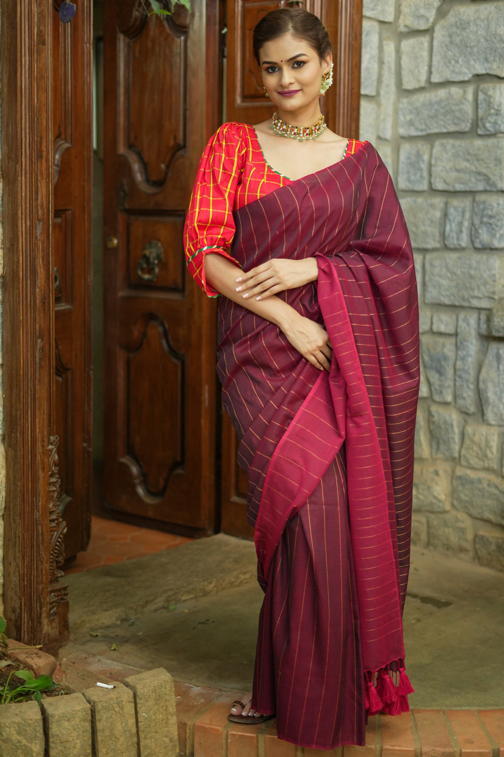 Maroon red maheshwari  mercerised cotton reversible saree