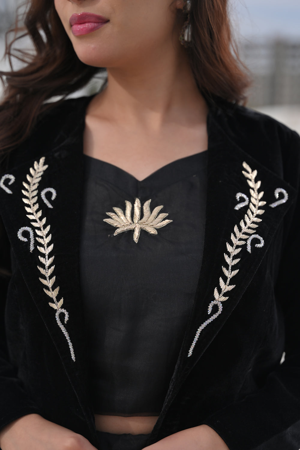 Saira Black Velvet Blazer with Handcrafted Embellishments, Made to Order