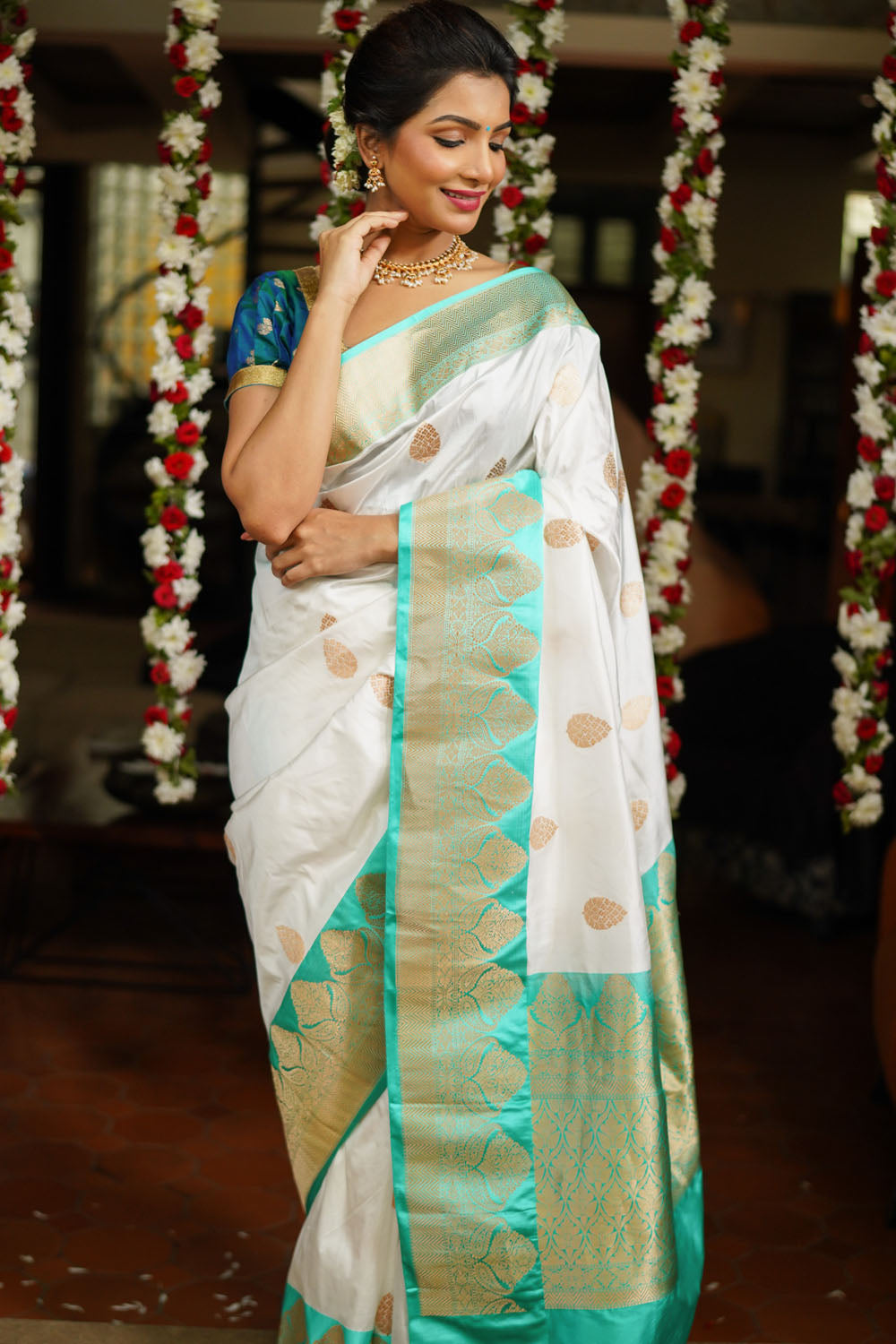 White Banarasi Katan Silk Saree with Zari Motifs | SILK MARK CERTIFIED