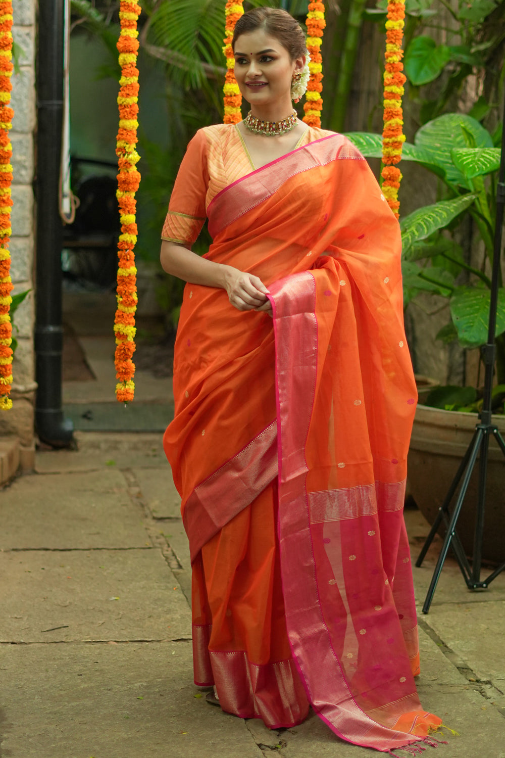 Orange  maheshwari silk cotton saree.
