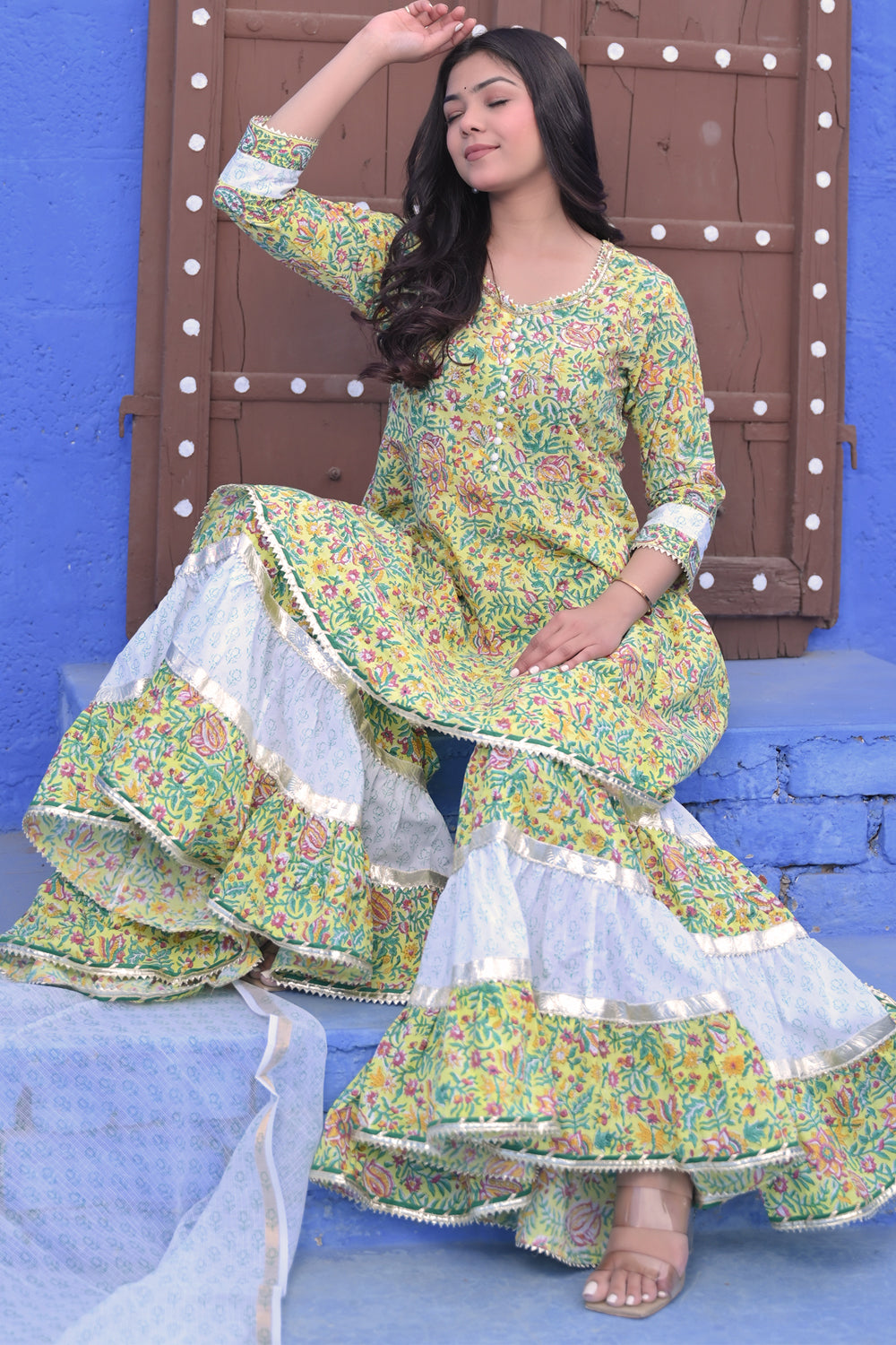 Lime Lotus Kurti and flair Sharara Cotton Set with Lace detailing border| Made To Order