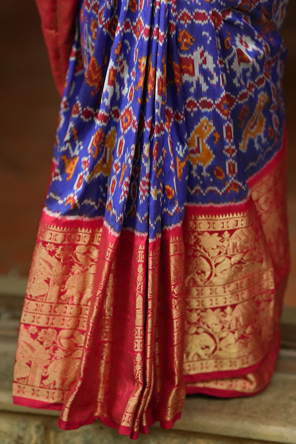 Blue Red Ikkat Patola and Kanjivaram Pure Silk Fusion Saree in SILK MARK CERTIFIED