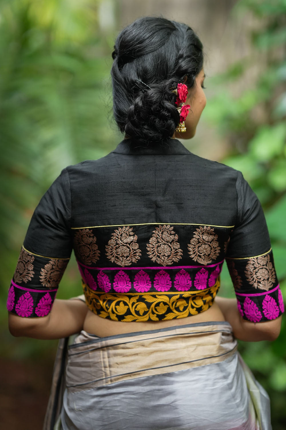 Black Pure Raw Silk with Meenakari Brocade Border V Neck Blouse, Made to Order