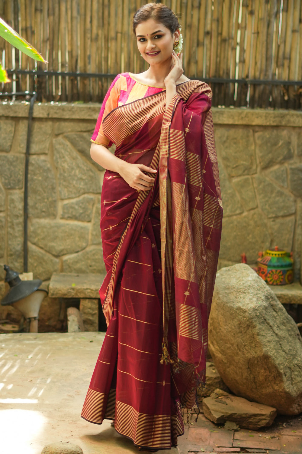 Maroon maheshwari silk cotton striped saree.