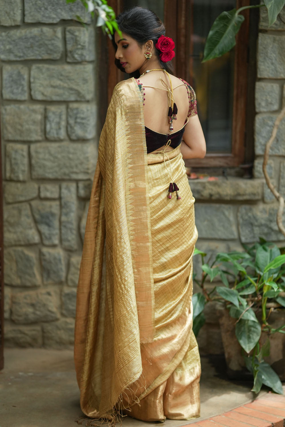 Matka Silk Saree in Gold with Zari Checks and Wide Zari Temple Border | SILK MARK CERTIFIED
