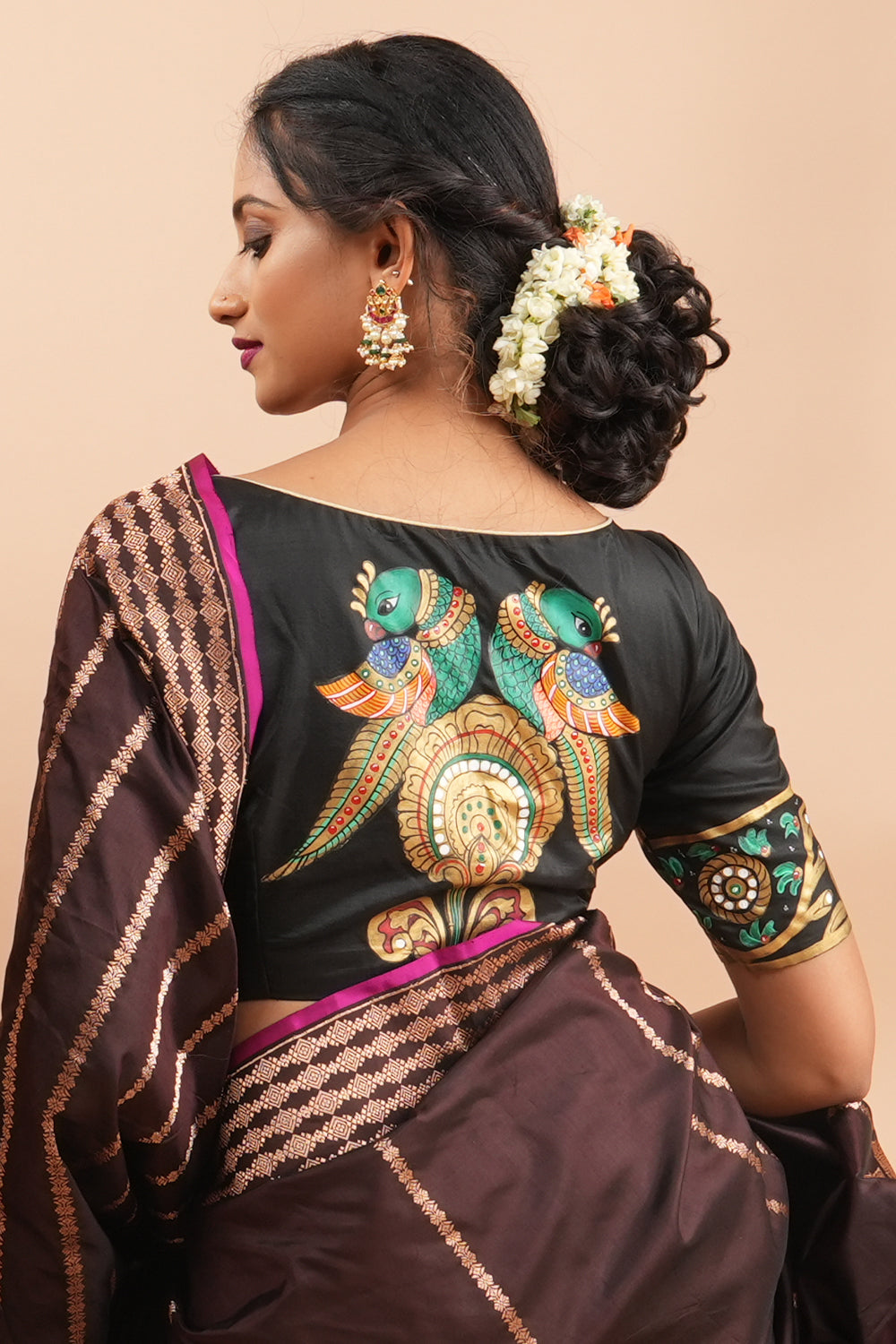 Tanjore Parrots - pure Silk blouse with Tanjore Style Hand painting, Color Customizable.