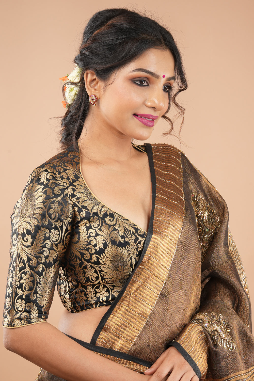 Black Banarasi brocade blouse with pann neck blouse